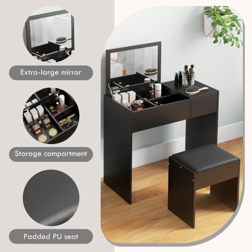 HOMCOM Makeup Vanity Desk with Flip Top Mirror and Cushioned Stool, Dressing Table with Storage Drawer for Bedroom, Black
