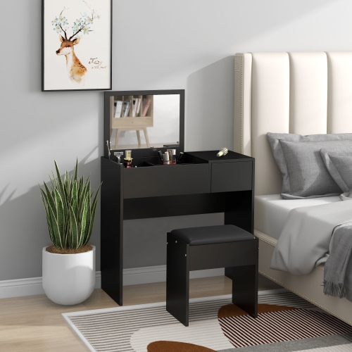 HOMCOM Makeup Vanity Desk with Flip Top Mirror and Cushioned Stool, Dressing Table with Storage Drawer for Bedroom, Black