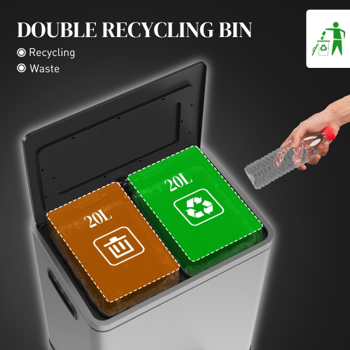 HOMCOM Dual Kitchen Garbage Bin, 2 x 5 Gallon Trash Can with Foot Pedal, Soft-Close Garbage Can with Removable Inner Buckets, Lid, Fingerprint-Proof