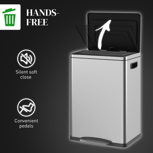 HOMCOM Dual Kitchen Garbage Bin, 2 x 5 Gallon Trash Can with Foot Pedal, Soft-Close Garbage Can with Removable Inner Buckets, Lid, Fingerprint-Proof