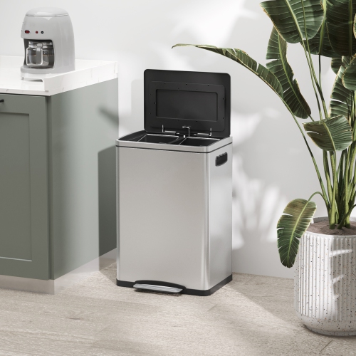 HOMCOM Dual Kitchen Garbage Bin, 2 x 5 Gallon Trash Can with Foot Pedal, Soft-Close Garbage Can with Removable Inner Buckets, Lid, Fingerprint-Proof