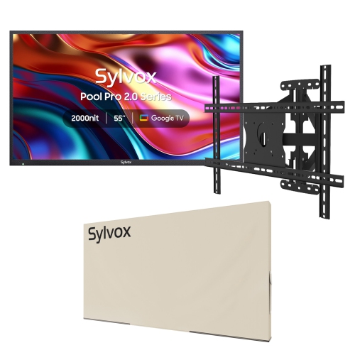 SYLVOX 55" Outdoor Smart TV + TV Mount + Cover 4K 2000nits Google Outside Television Built-in Google Assistant, Chormecast, IP55 Waterproof TV for Fu