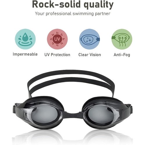 Lunettes de natation pour hommes et femmes avec lunettes à courroie ajustable pour la natation, lunettes de natation Air Tight pour adultes - Noir