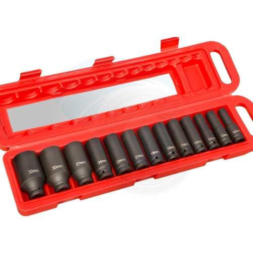ISTAR  1/2 Inch Drive Deep 6-Point Impact Socket Set, Made Of 50Bv30 Alloy Steel, Black Matt Finish Plated w Safety Pin Holes w Plastic Storage Case