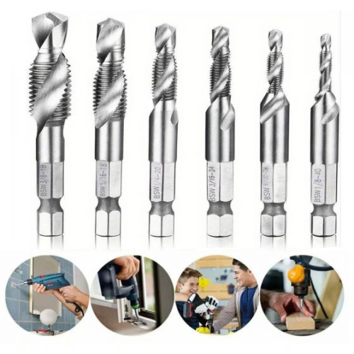 High-Speed Steel 6-Piece Combination Drill Tap Set – Hexagonal Shank, Wide Spiral Groove, Multi-Material Compatibility