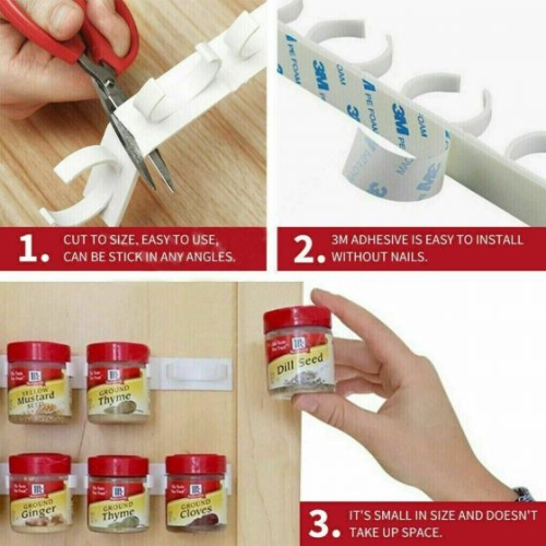 4-Pack Spice Gripper Clip Strips – Easy Wall-Mounted Spice Jar Organizers, Space-Saving Plastic Clips