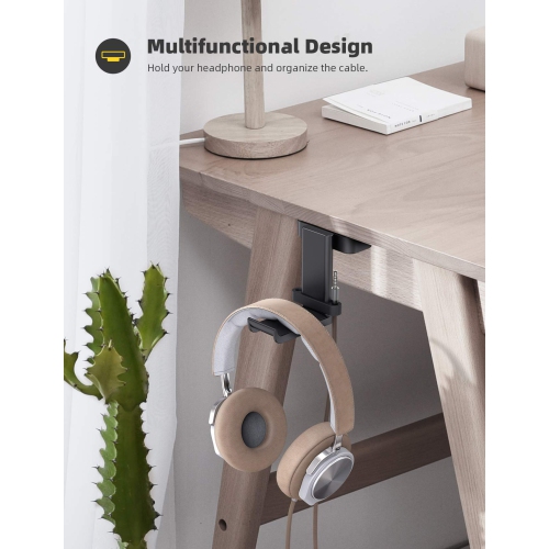 Headphone Hanger, Headset Hook - 360 Degree Rotation Earphone Holder Mount, Table Headphone Stand with Cable Organizer, Headset Clamp - Black