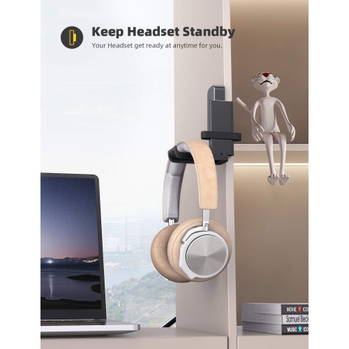 Headphone Hanger, Headset Hook - 360 Degree Rotation Earphone Holder Mount, Table Headphone Stand with Cable Organizer, Headset Clamp - Black