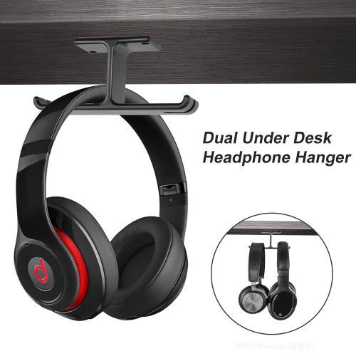 Headphone Hanger Aluminum Alloy Headset Hook Stick-on Adhesive Headphone Stand Under Desk Earphone Hanger Mount with Cable Clip Organize and Screws