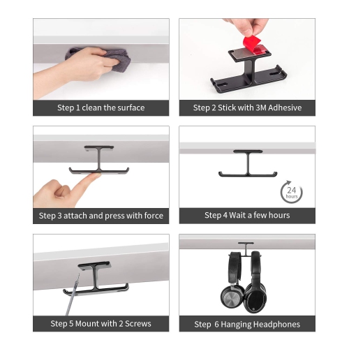 Headphone Hanger Aluminum Alloy Headset Hook Stick-on Adhesive Headphone Stand Under Desk Earphone Hanger Mount with Cable Clip Organize and Screws