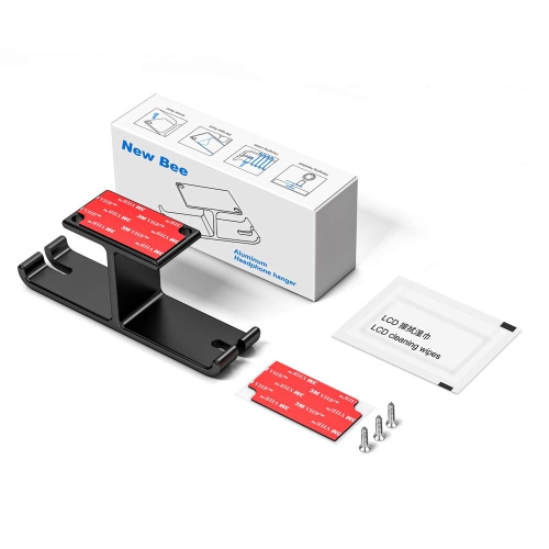 Headphone Hanger Aluminum Alloy Headset Hook Stick-on Adhesive Headphone Stand Under Desk Earphone Hanger Mount with Cable Clip Organize and Screws