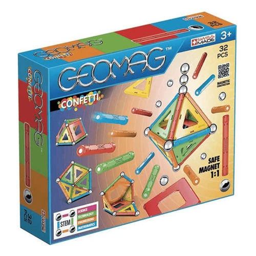 GEOMAG Confetti Magnetic Construction Set – 32 Pieces, Swiss Made, Safe 1:1 Magnet Ratio, STEM Educational Toy for Ages 3+