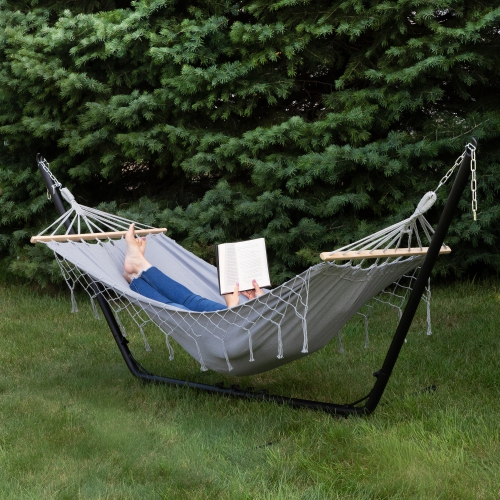 Hammock with Netted Fringe and Wooden Bars - 100" x 41" - Gray