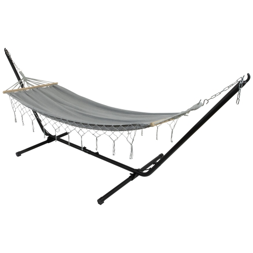 Hammock with Netted Fringe and Wooden Bars - 100" x 41" - Gray