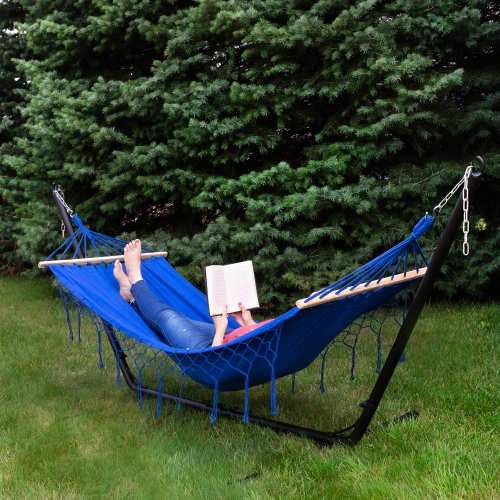 Hammock with Netted Fringe and Wooden Bars - 100" x 41" - Blue
