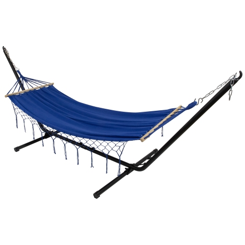 Hammock with Netted Fringe and Wooden Bars - 100" x 41" - Blue