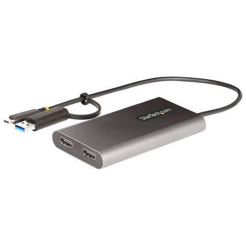 Adaptateur USB-C/USB-A à deux ports HDMI de StarTech avec intercommunication Power Delivery 100 W - Gris