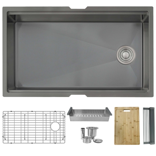 BOÎTE OUVERTE A – Poste de travail à un bol Versa33 33&nbsp;po, évier de cuisine noir graphite avec accessoires S-613WN