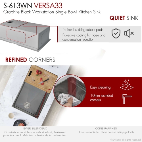 BOÎTE OUVERTE A – Poste de travail à un bol Versa33 33&nbsp;po, évier de cuisine noir graphite avec accessoires S-613WN