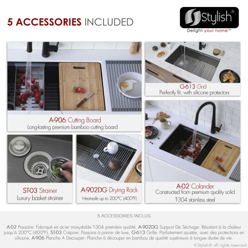 BOÎTE OUVERTE A – Poste de travail à un bol Versa33 33&nbsp;po, évier de cuisine noir graphite avec accessoires S-613WN