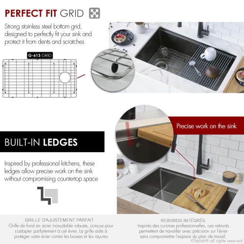 BOÎTE OUVERTE A – Poste de travail à un bol Versa33 33&nbsp;po, évier de cuisine noir graphite avec accessoires S-613WN