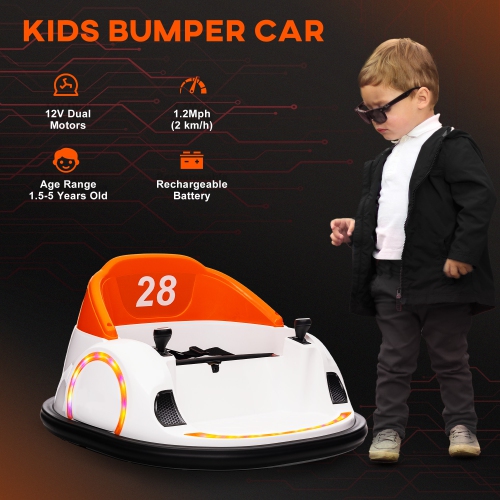 Qaba 12V Bumper Car for Toddlers, Electric Ride On Car with 360 Degree Spin, Remote Control, LED Lights Music Horn, for Ages 1.5-5 Years Old, Orange