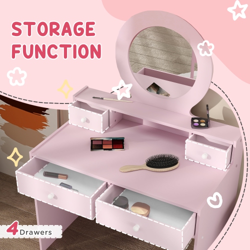 Qaba – Coiffeuse pour enfants, coiffeuse avec miroir pour enfants, table de maquillage pour enfants avec tabouret et tiroirs de rangement, pour