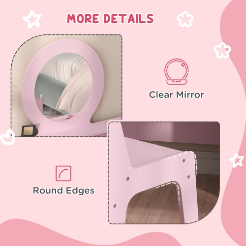 Qaba – Coiffeuse pour enfants, coiffeuse avec miroir pour enfants, table de maquillage pour enfants avec tabouret et tiroirs de rangement, pour