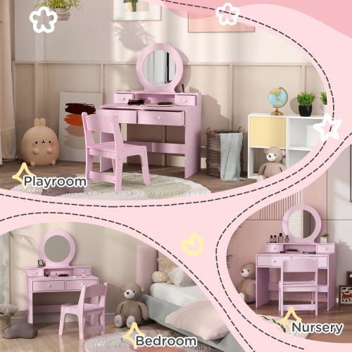 Qaba – Coiffeuse pour enfants, coiffeuse avec miroir pour enfants, table de maquillage pour enfants avec tabouret et tiroirs de rangement, pour