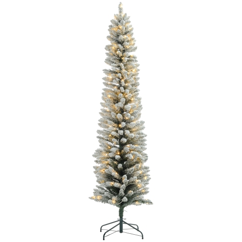 HOMCOM  7Ft Prelit Artificial Pencil Christmas Tree With Warm Led Light And 405 Snow Flocked Tips, Metal Base, Realistic Xmas Tree In White