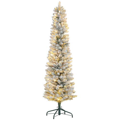 HOMCOM  6Ft Prelit Artificial Pencil Christmas Tree With Warm Led Light And 329 Snow Flocked Tips, Metal Base, Realistic Xmas Tree In White