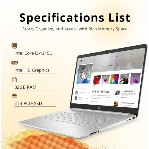 HP 15.6" FHD Laptop, Intel Core i3-1215U Processor, 2TB PCIe SSD, 32GB RAM, Intel HD Graphics, Bluetooth, 720p HD camera, HDMI, Wi‑Fi, Win 11,