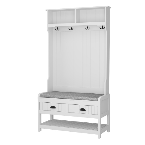 Famapy Modern Entryway Hall Tree with Bench, Coat Hooks, Storage Drawers, and Open Shelf for Organized Foyers and Mudrooms White