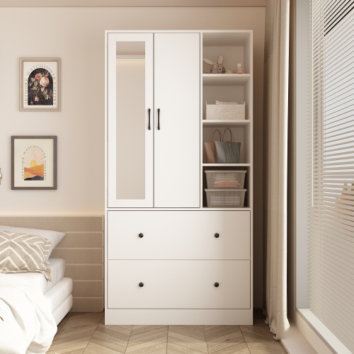 Famapy Multi-Functional Wardrobe Armoire with Hanging Rod, Shelves, and Large Drawers for Organized Bedroom Storage White
