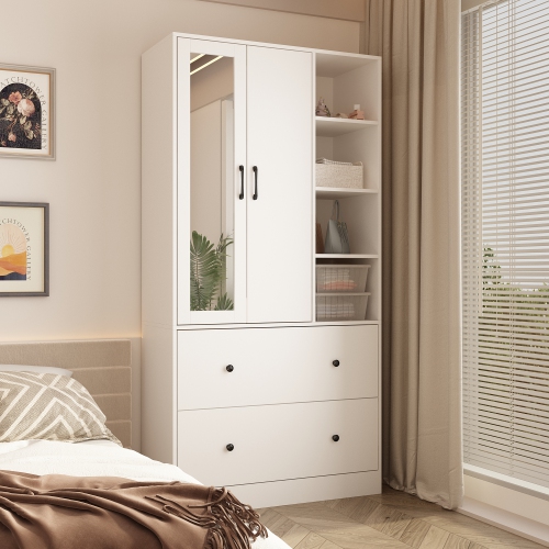 Famapy Multi-Functional Wardrobe Armoire with Hanging Rod, Shelves, and Large Drawers for Organized Bedroom Storage White