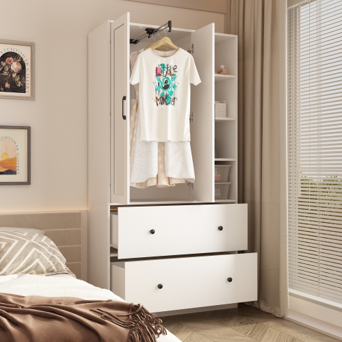 Famapy Multi-Functional Wardrobe Armoire with Hanging Rod, Shelves, and Large Drawers for Organized Bedroom Storage White