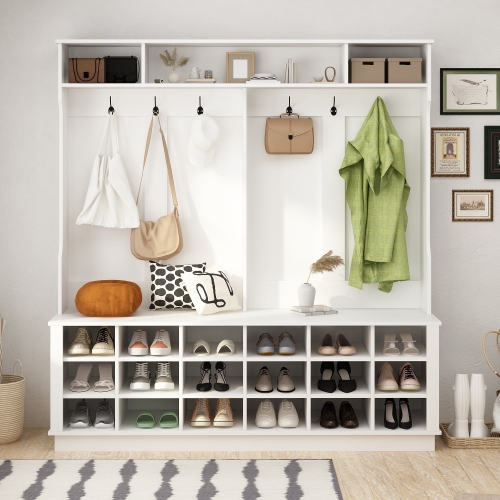 Famapy Large Entryway Hall Tree with Coat Hooks, Shoe Storage Cubbies, and Top Shelves for Organized Foyers and Mudrooms White