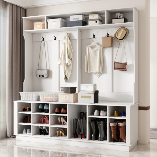 Famapy Large Entryway Hall Tree with Coat Hooks, Shoe Storage Cubbies, and Top Shelves for Organized Foyers and Mudrooms White