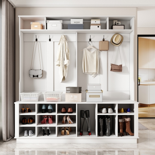 Famapy Large Entryway Hall Tree with Coat Hooks, Shoe Storage Cubbies, and Top Shelves for Organized Foyers and Mudrooms White