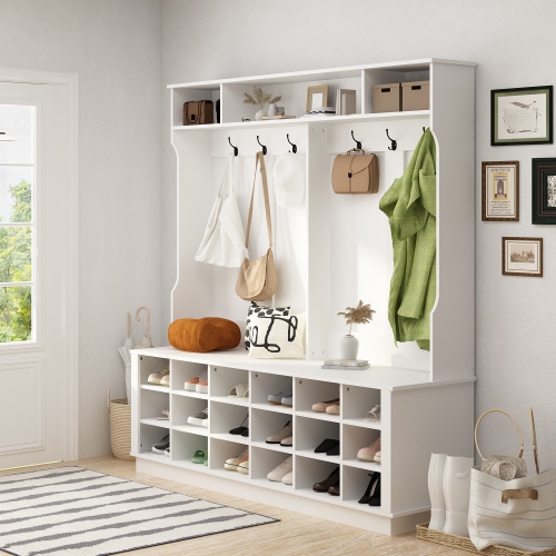 Famapy Large Entryway Hall Tree with Coat Hooks, Shoe Storage Cubbies, and Top Shelves for Organized Foyers and Mudrooms White