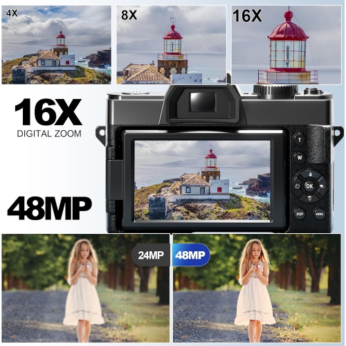 Digital Compact Cameras for Photography 48MP, 5K Vlogging Camera for YouTube with 180° Flip Screen,16X Digital Zoom,52mm Wide Angle & Macro Lens, 2