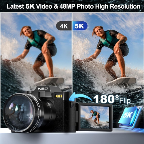 Digital Compact Cameras for Photography 48MP, 5K Vlogging Camera for YouTube with 180° Flip Screen,16X Digital Zoom,52mm Wide Angle & Macro Lens, 2