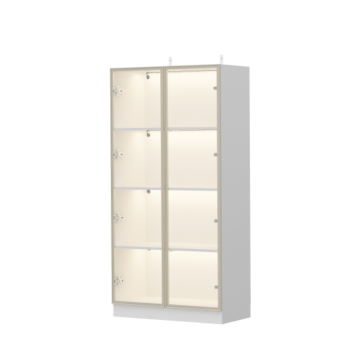 Famapy Modern Display Cabinet with Glass Doors, Adjustable Shelves, and LED Lighting for Living Room or Kitchen White