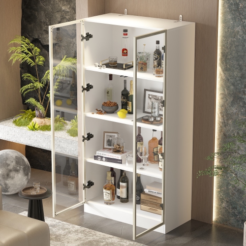 Famapy Modern Display Cabinet with Glass Doors, Adjustable Shelves, and LED Lighting for Living Room or Kitchen White
