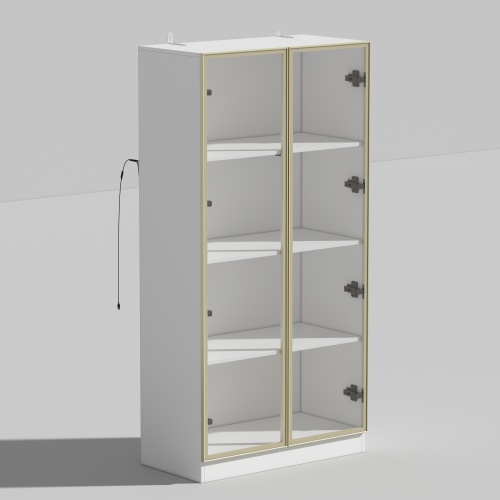 Famapy Modern Display Cabinet with Glass Doors, Adjustable Shelves, and LED Lighting for Living Room or Kitchen White