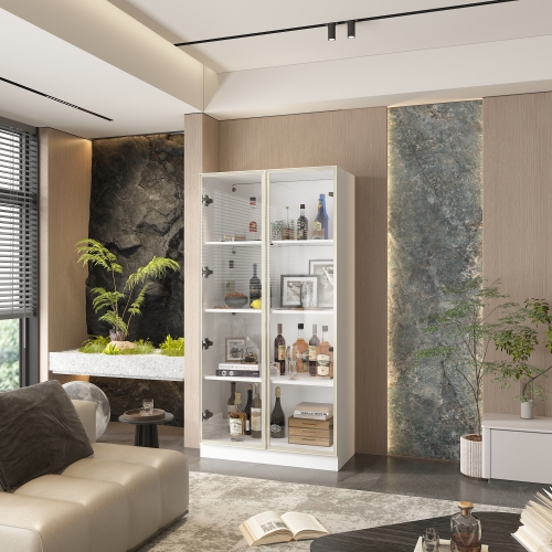 Famapy Modern Display Cabinet with Glass Doors, Adjustable Shelves, and LED Lighting for Living Room or Kitchen White