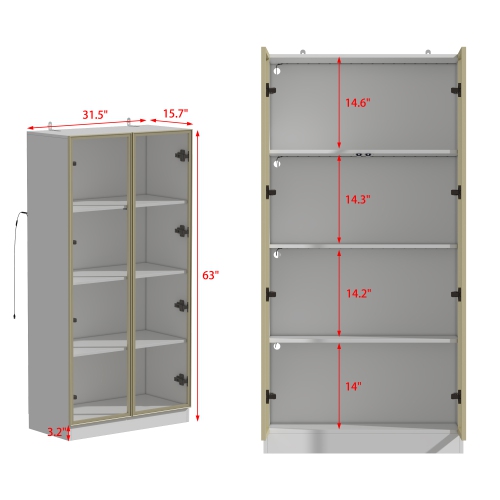 Famapy Modern Display Cabinet with Glass Doors, Adjustable Shelves, and LED Lighting for Living Room or Kitchen White