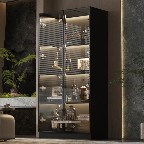 Famapy Modern Display Cabinet with Glass Doors, Adjustable Shelves, and LED Lighting for Living Room or Kitchen Black