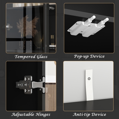 Famapy Modern Display Cabinet with Glass Doors, Adjustable Shelves, and LED Lighting for Living Room or Kitchen Black