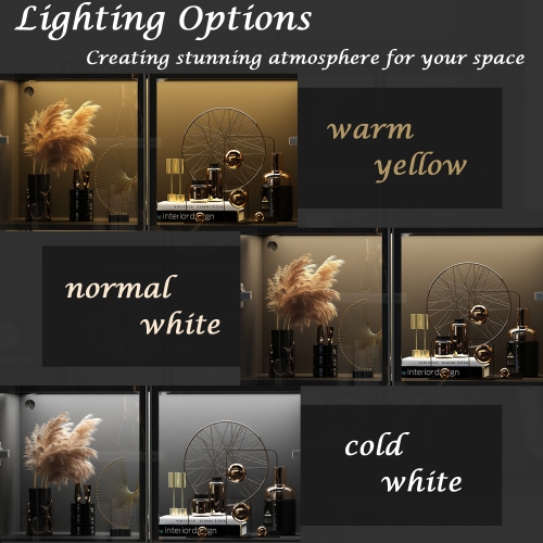 Famapy Modern Display Cabinet with Glass Doors, Adjustable Shelves, and LED Lighting for Living Room or Kitchen Black